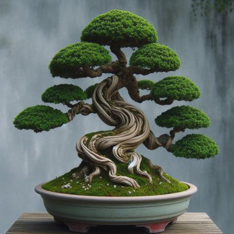 An image of a coiled trunk (bankan) style bonsai tree.