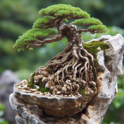 A bonsai tree in the root-clinging-to-a-rock (ishitsuki) style.